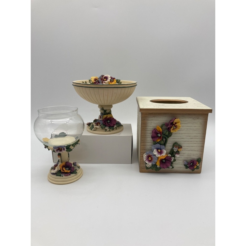 Artisan Flair Pansy Collection 3-Pc Vanity Set Tissue Cover Dish Candle Holder